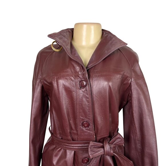 Tfc Women Maroon 100% Genuine Leather Belted Trench Coat Lined With Rayon Sz 8 - Picture 6 of 16